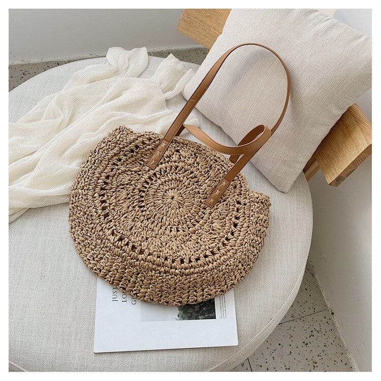 Rund strå strandtaske vintage håndlavet vævet skuldertaske raffia cirkel rattan tasker boheme sommerferie casual tasker: Brun hul