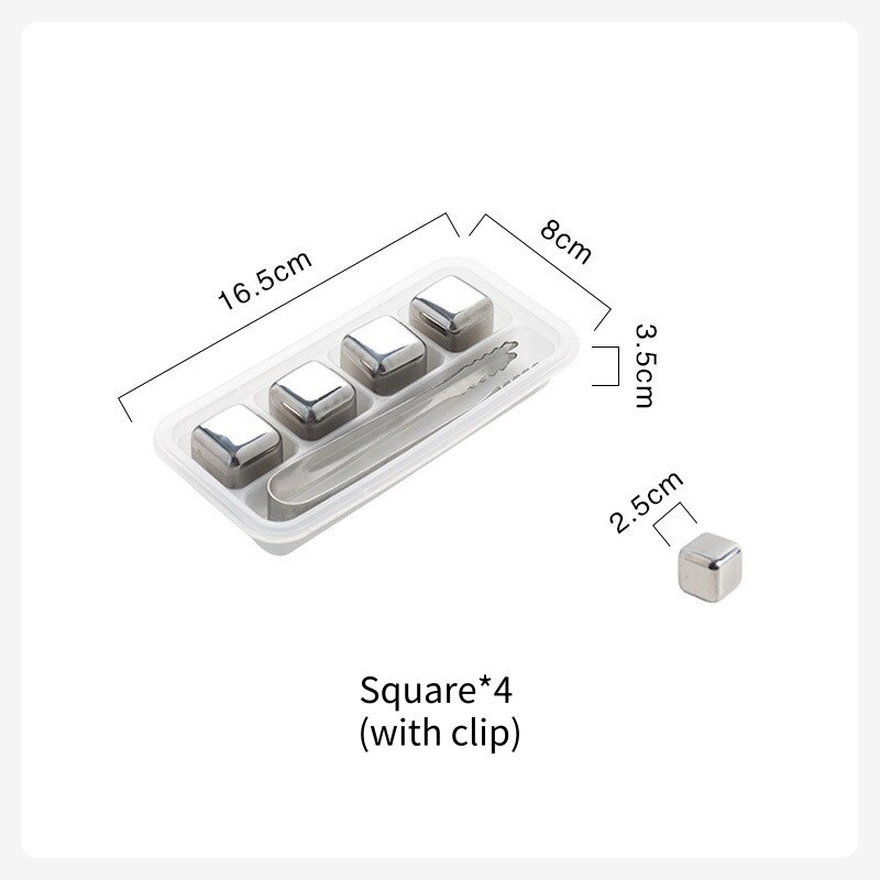 4 Stainless Steel Reusable Ice Cubes Chilling Stones with Tongs & Freezer Storage Tray For Whiskey Wine Cola Best Man: Square