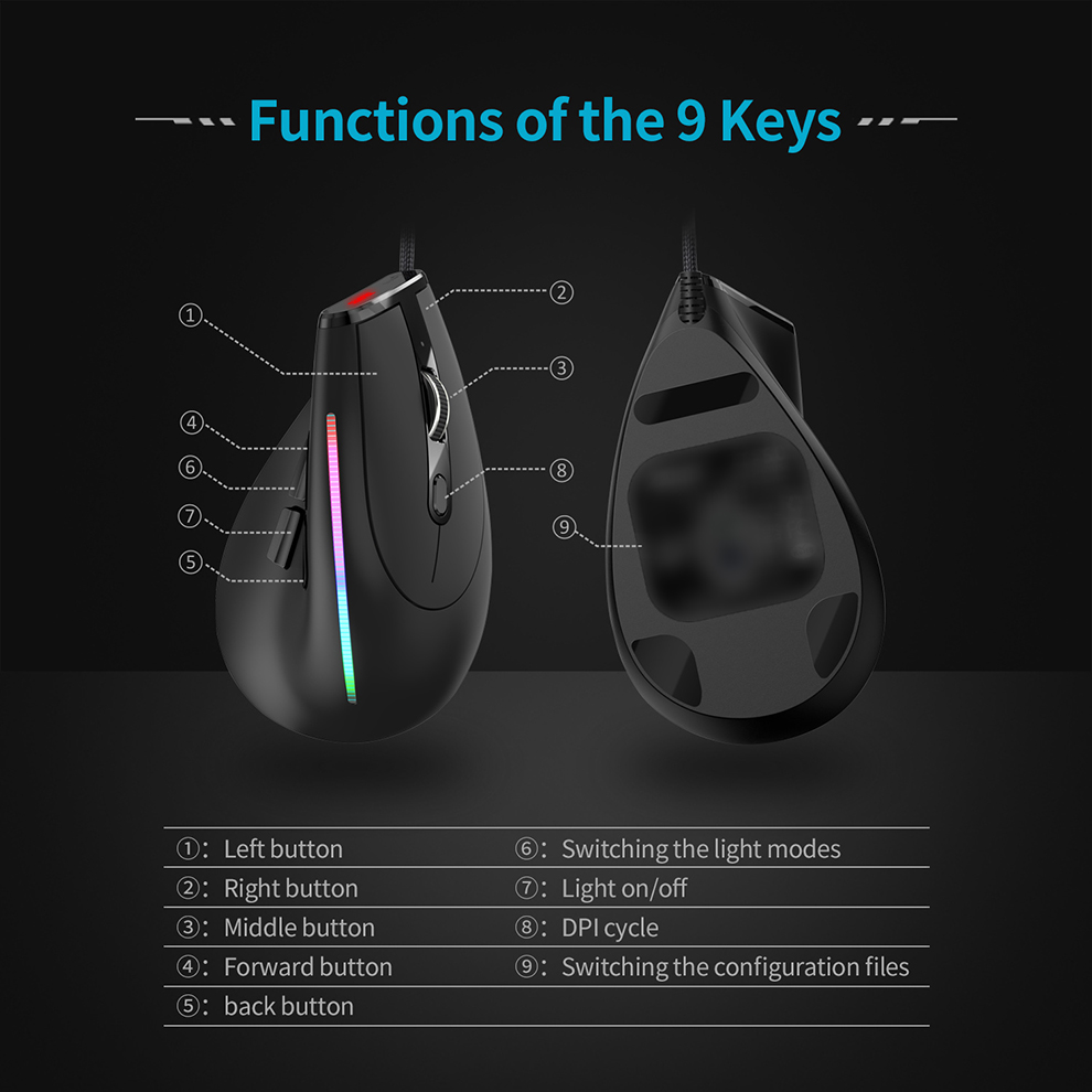 Ergonomic Wired Vertical Optical Mouse for PC/Laptop/Desktkop,12800DPI Adjustable Wired Game Mouse with Programmable,RGB Backlit