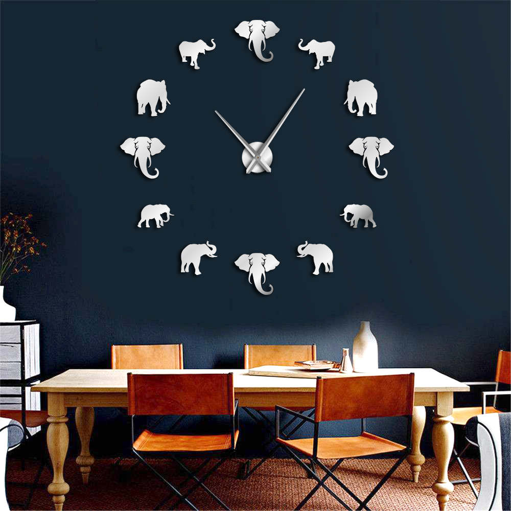 Grote Wandklok Jungle Dieren Olifant DIY Home Decor Modern Spiegel Effect Giant Frameloze Olifanten DIY Klok Horloge