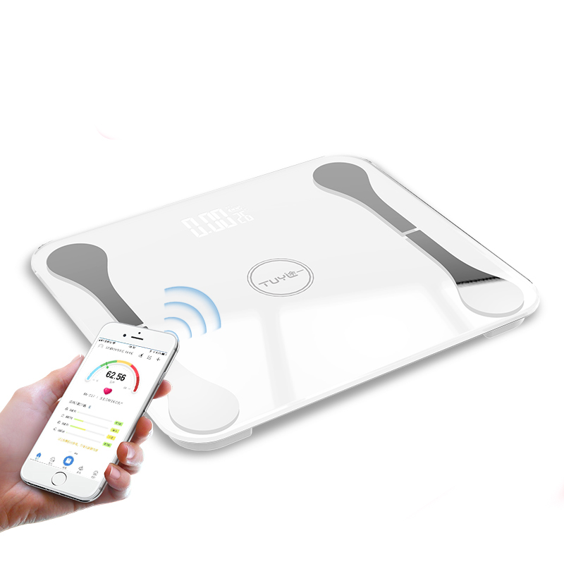Lcd digital kropsfedt skala smart stemme bluetooth app elektroniske vægte til ios badeværelse husholdning balance: Hvid brug batteri