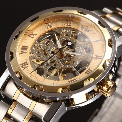 SEWOR winner Skeleton Mechanische Horloge Golden Transparante Steampunk Klok Mannen Roestvrij Volledige Stalen Horloge Relogio: Blauw