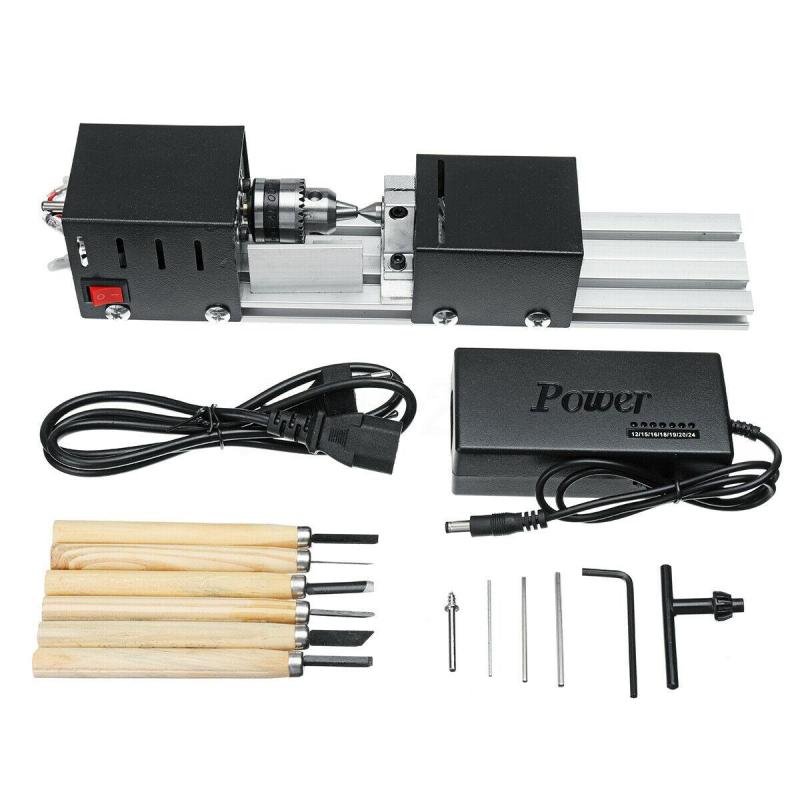 200W Mini Draaibank Kralen Machine Houtwerk Diy Draaibank Polijsten Boor Set Met Adapter Carving Cutter Hout Draaibank En 6 carving Blade: Black