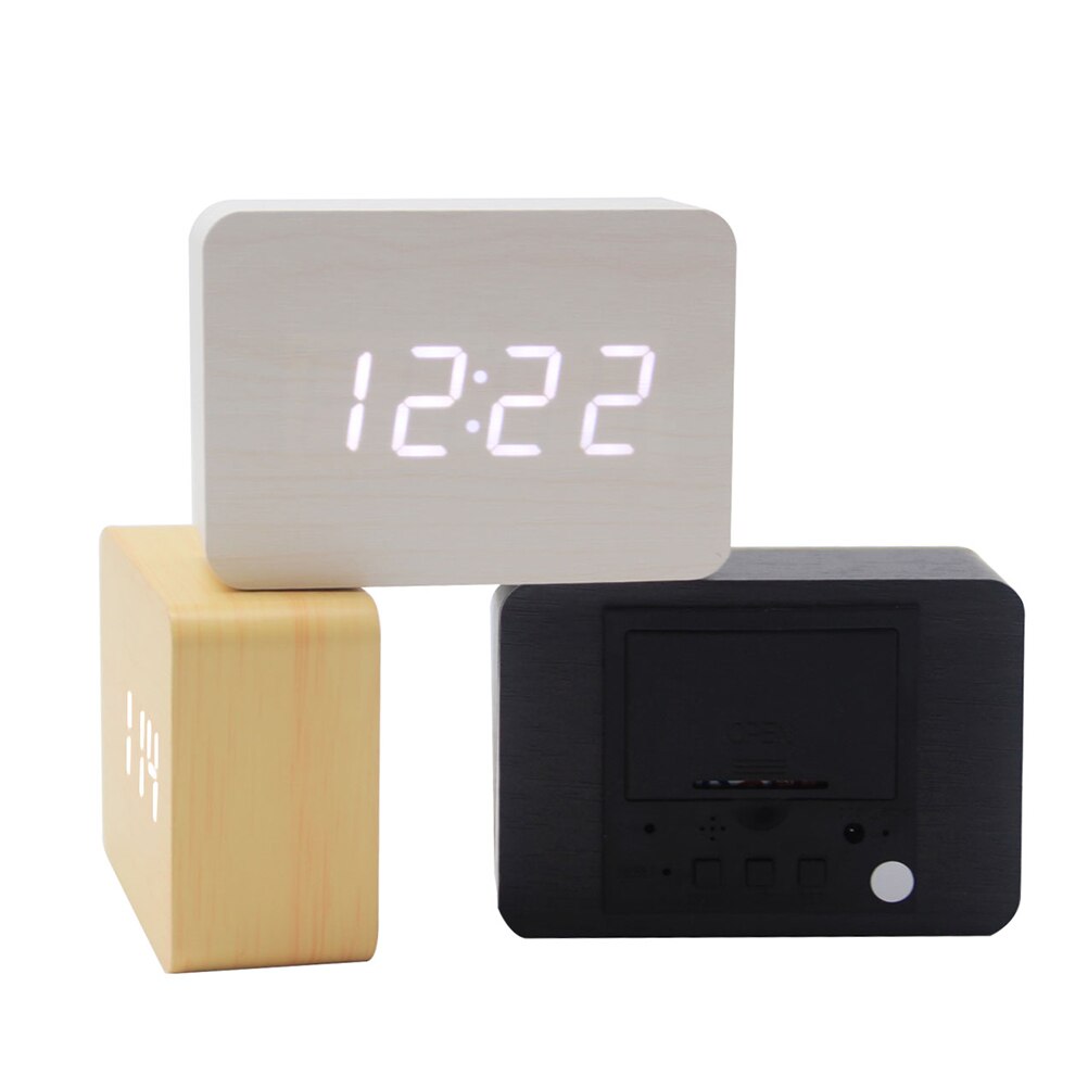LED Electronic Wooden Clock Alarm Clock Table Clock for Home Office ( Yellow White Word) (Battery)