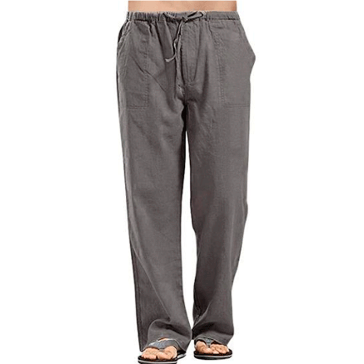 Heren katoenen linnen broek zomer effen kleur ademende linnen broek mannelijke casual elastische taille fitnessbroek: L / Donkergrijs