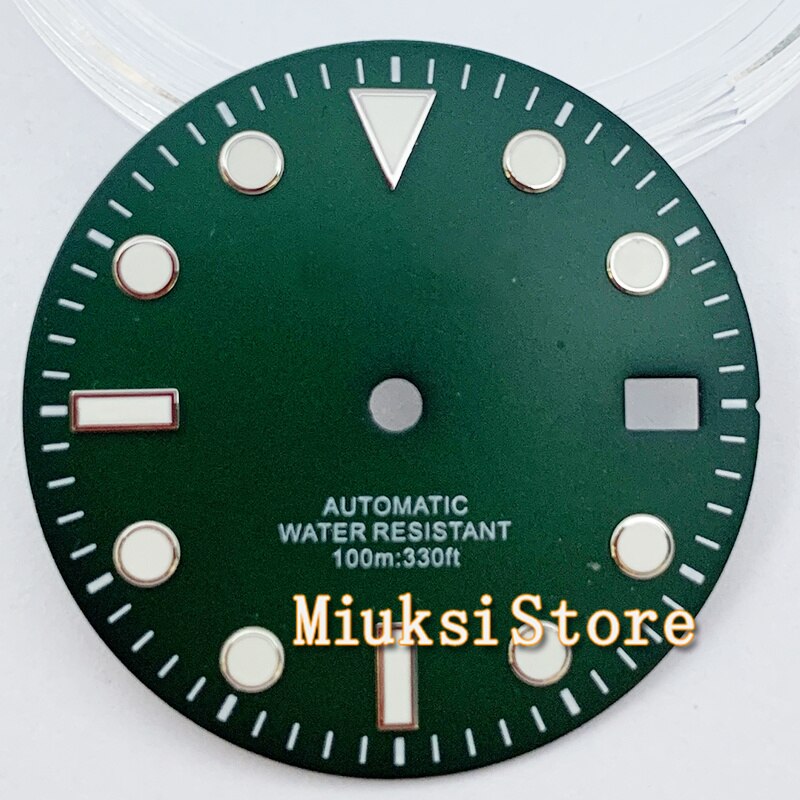 29Mm NH35 Wijzerplaat Steriele Zwart Groen Blauw Roze Horloge Wijzerplaat Met Datum Venster Voor NH35 NH35A Automatische Beweging accessoire Onderdelen: Green-Silver edge