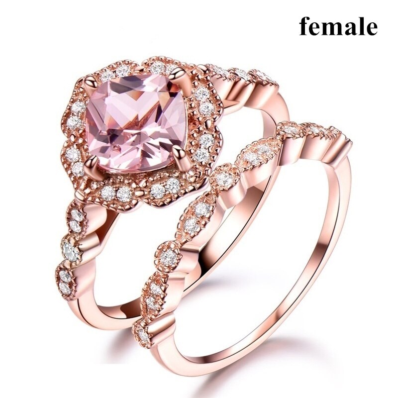 Romantic Rose-gold Couple Rings Stainless Steel Men Ring Vintage Geometric Zircon Rhinestones Rings Set Wedding
