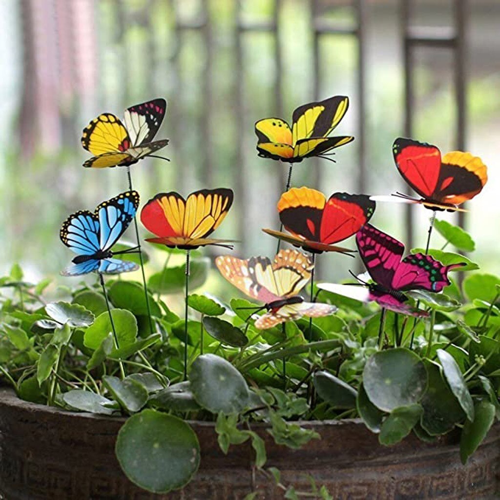 50pcs Colorful Garden Butterflies Stakes Patio Butterfly Ornaments On Sticks Plant Decoration Garden Ornament