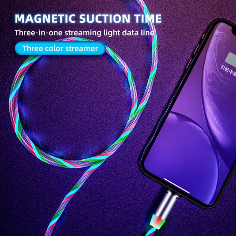 AMS-LED Flowing Magnetic Charger Cable Light Up Candy Moving Shining Charger Phone Charging Cable Magnetic Streamer Absorption U