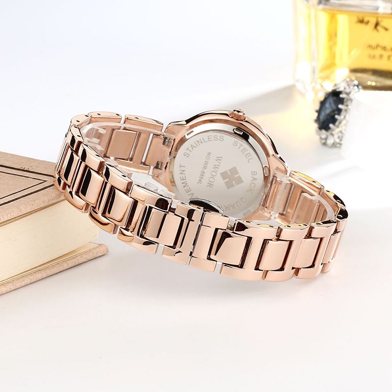 WWOOR Ladies Watches Top Brand Luxury Diamond Rose Gold Bracelet Watches For Women Stainless Steel Blue Dial Quartz Wrist Watch