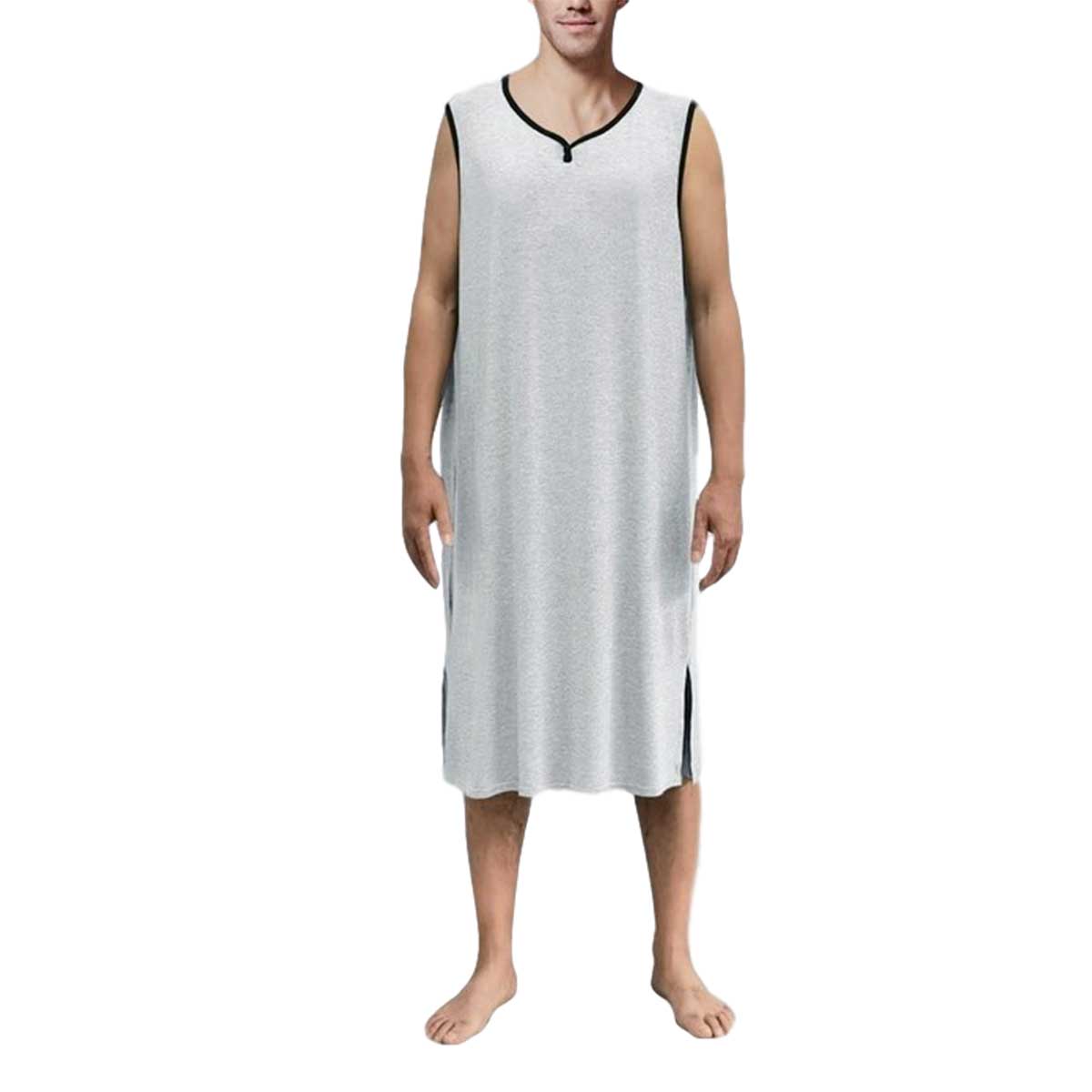 Men's Nightwear Robes Fashionable V-Neck Sleeveless T-Shirt Nightwear for Men Gray Sapphire Blue Summer Outfit Nightgown Pajamas: Gray / XXXL