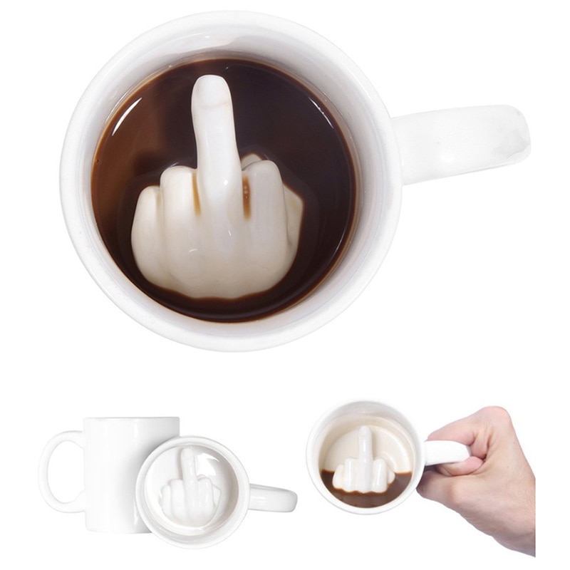 Taza de estilo de dedo medio blanco, para mezclar café, leche, taza divertida de cerámica, taza de agua de capacidad de 300ml