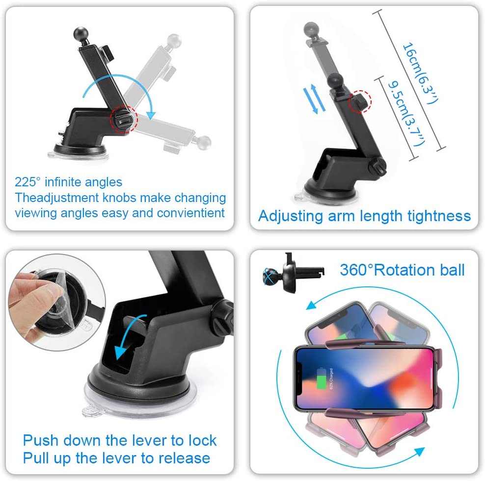 15W Wireless Car Charger Mount - Infrared Induction QI Fast Charging Station for iPhone 12 11 XS X 8