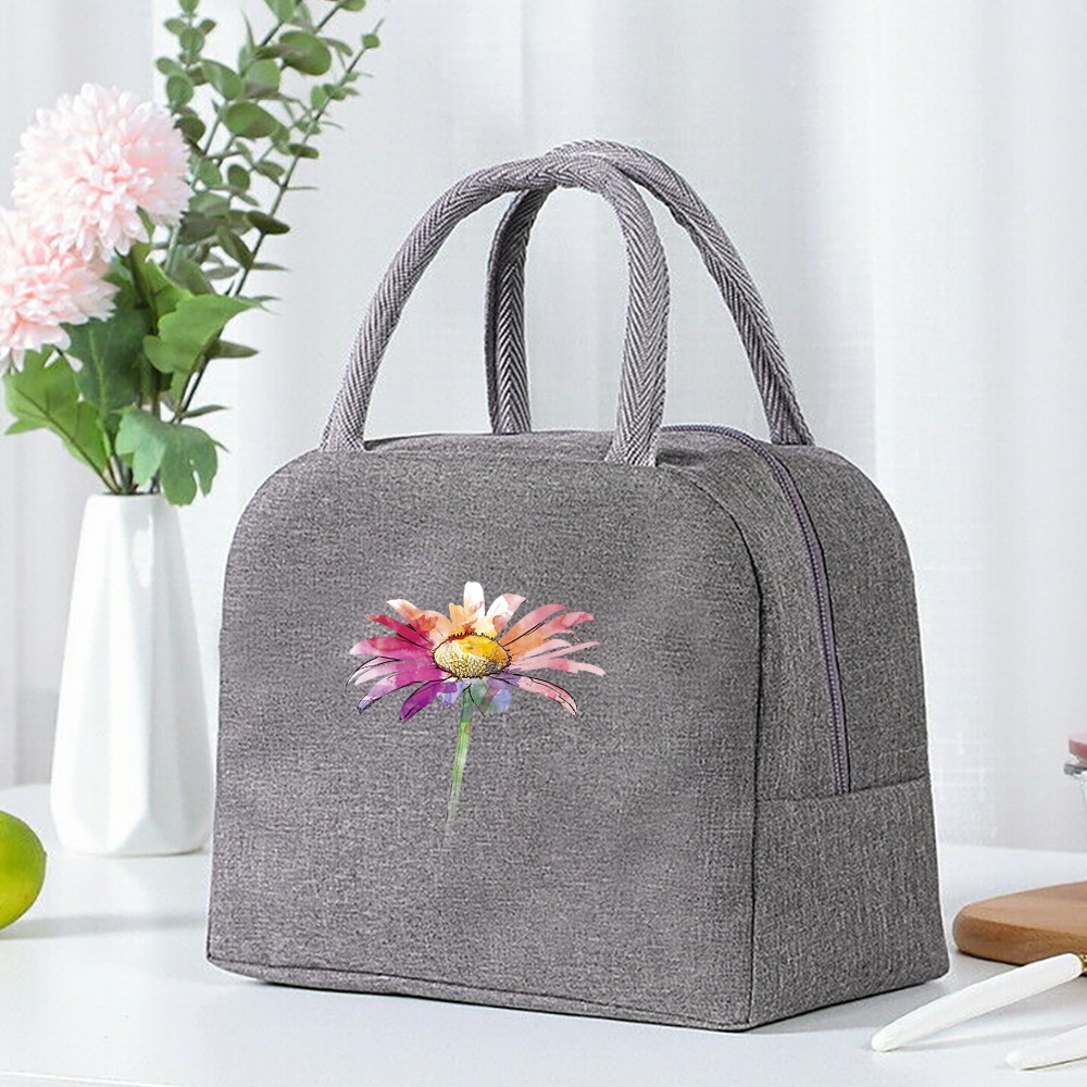 Thermal Food Picnic Lunch Box Insulated School Child Food Bag Tote Lunch Bags for Work Daisy Pattern Cooler Bag for Women: Ivory
