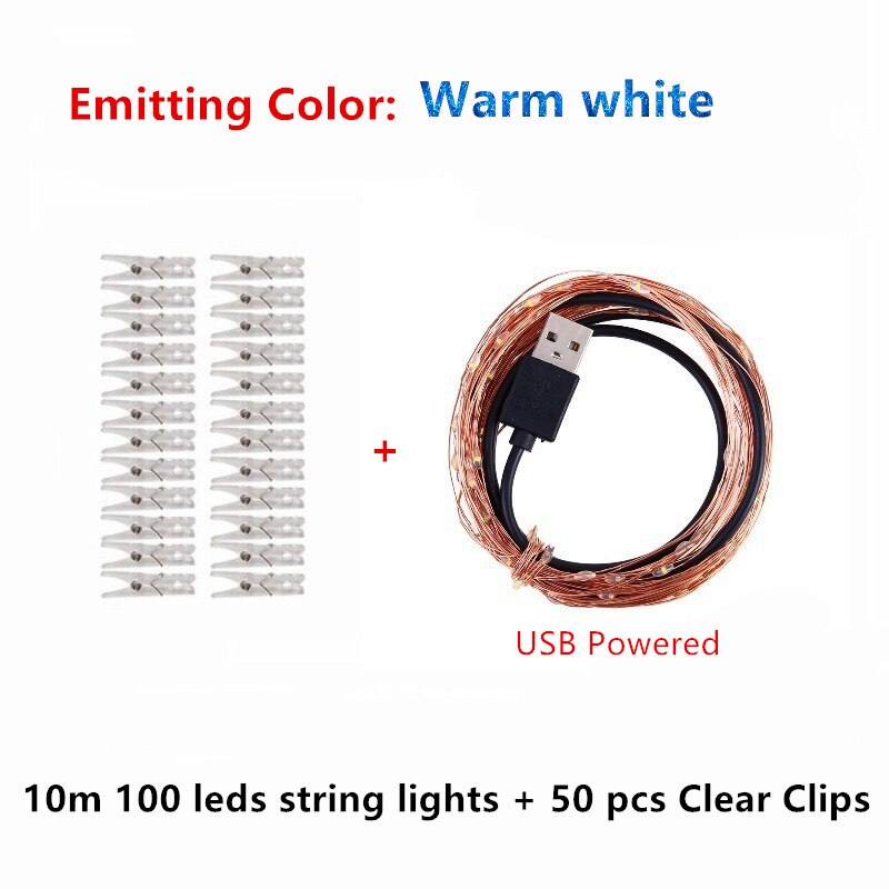 2M/5M/10M Photo Clip DIY LED String Lights Fairy Lights Outdoor USB Battery Operated Garland Christmas Decoration Room Wedding: 10m warm white-USB