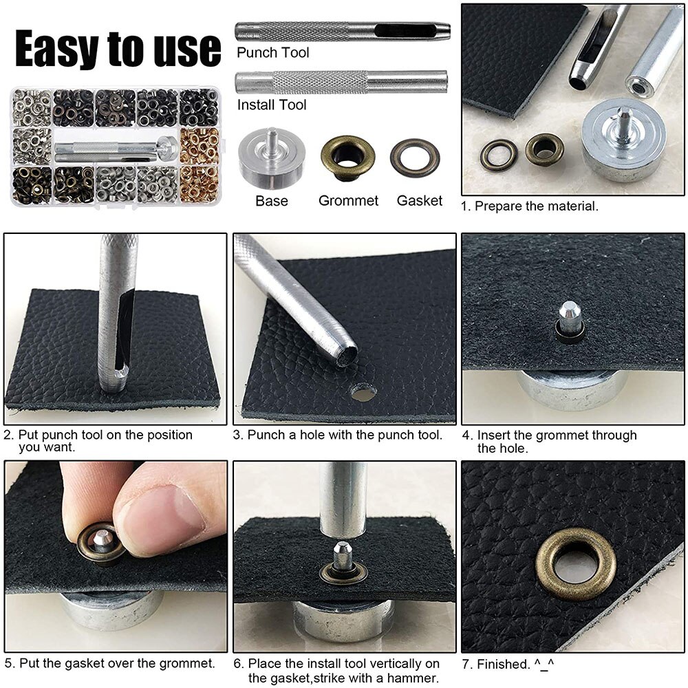 400Pcs 4 Color Brass Grommet Eyelets Kit Tool 1/4" with Installation Tools for Leather Craft Making Clothing Repair Decoration