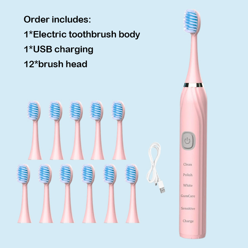 Cepillo de dientes eléctrico, vibrador ultrasónico, blanqueamiento dental, carga rápida por USB, cepillo de dientes sónico recargable, resistente al agua IPX7: Gris