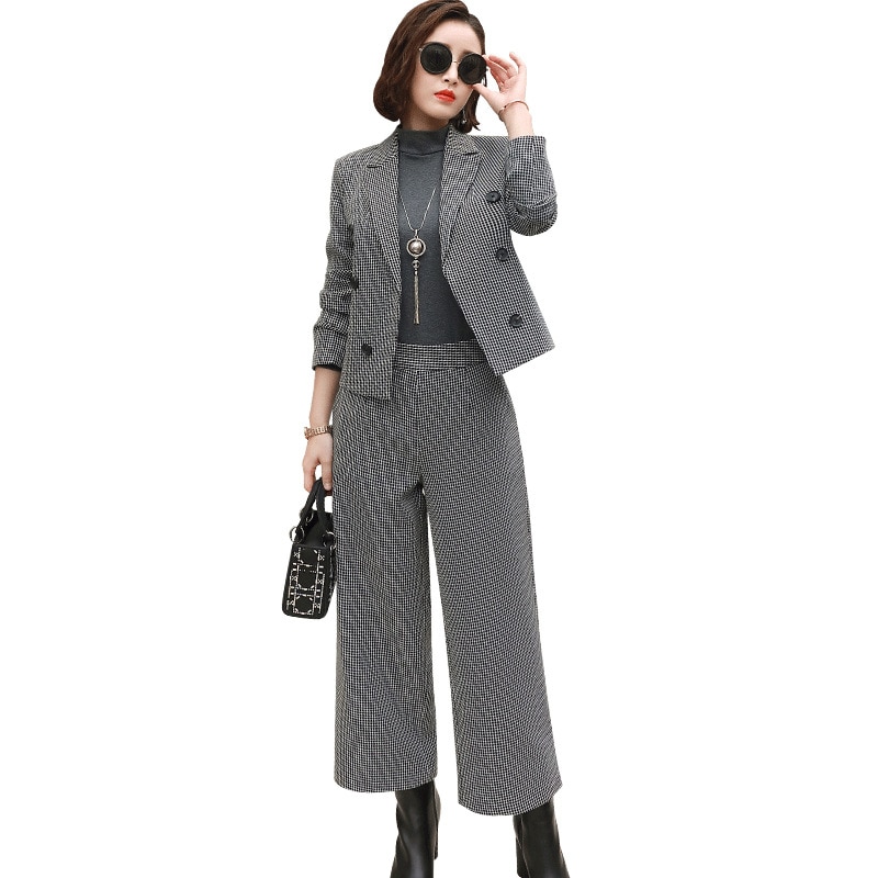 Geruit kort pak wijde pijpen broek tweedelig dames herfst klassiek damespak temperament kleding