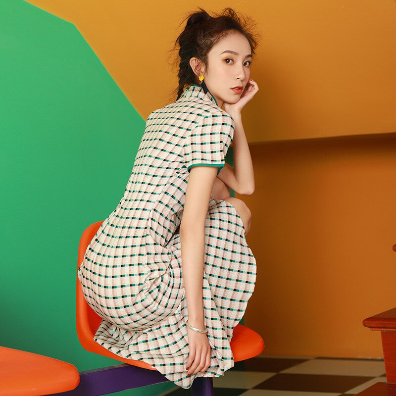 Cheongsam de estilo chino para chicas, para chicas, vestido a cuadros para estudiantes, vestido de cola de pez Qipao