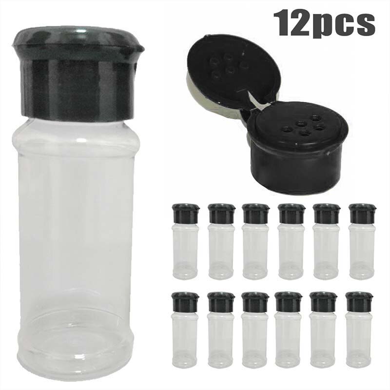 12 Stuks Plastic Kruidkruik Zout Peper Shakers Kruiden Jar Barbecue Bbq Kruiderij Azijn Flessen Keuken Containers Voor Specerijen: 12pcs black