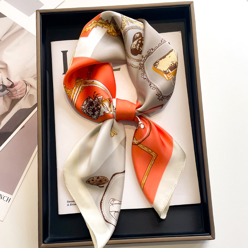 Novo luxo cavalo padrão lenço quadrado de seda das mulheres cetim macio hairband lenço escritório hijab bandana foulard saco fitas presente: CINZA