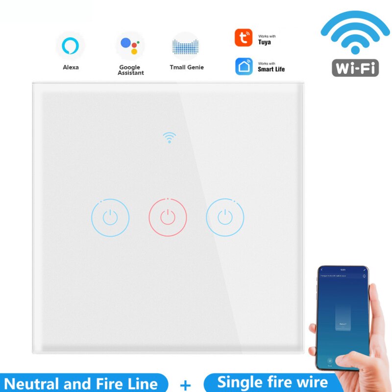Tuy Wifi inteligente pared Interruptor táctil de la UE No Neutral de alambre requiere inteligente interruptor de luz tableta amortiguador Tech accesorio beige Rojo Negro compruebe Tartan tableta amortiguador banda una casa inteligente trabaja con Alexa Google: 3  gang white