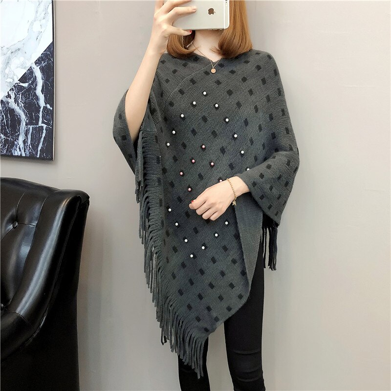 Plus lösa överdimensionerade pärlor pärlor tofs poncho batwing ärm mantel tröja stickat omlott tröja party ol chaqueta: Grå som bild 1