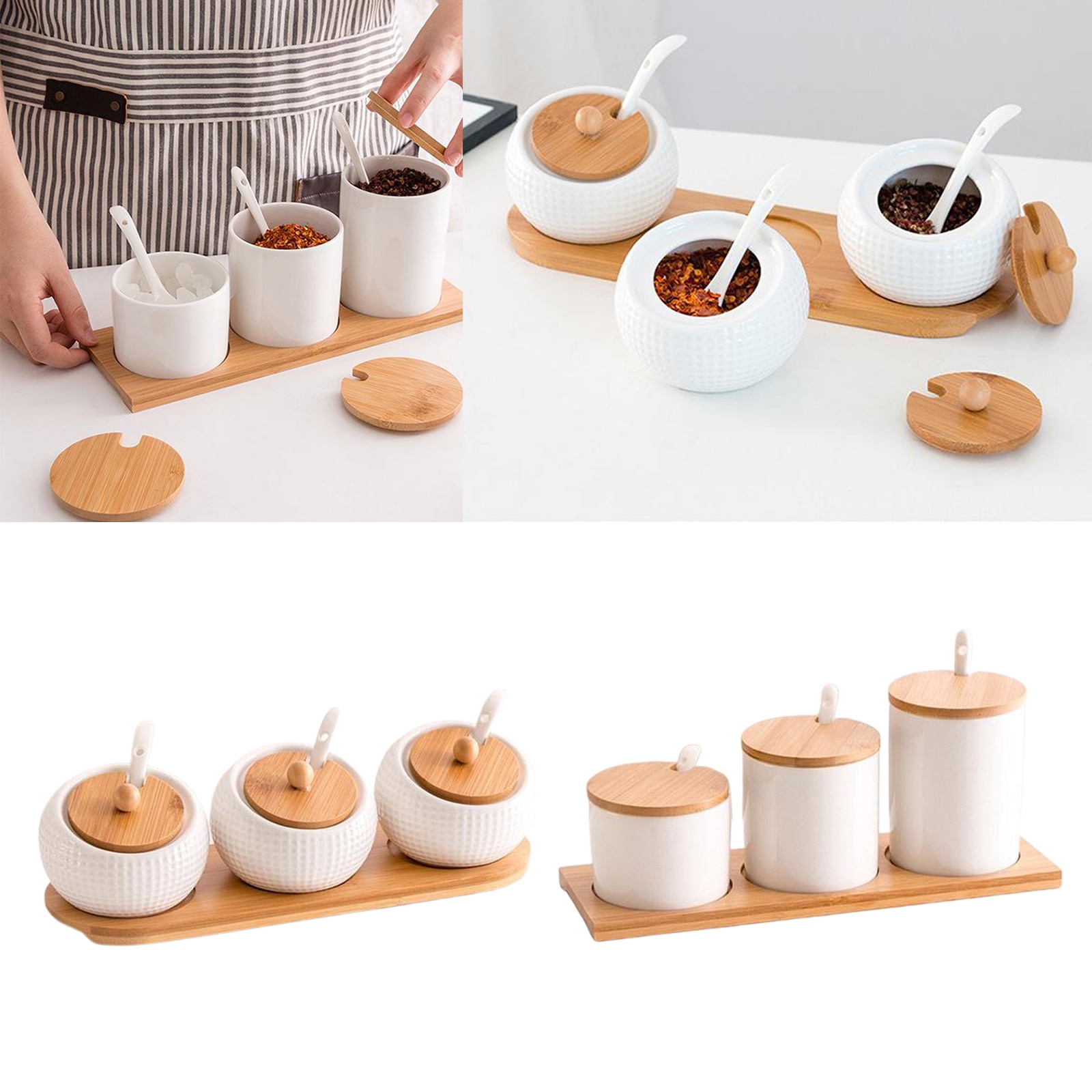 Condiment Pots Sugar Jar Bowls with Spoon and Bamboo Lid, Ceramic Seasoning Box