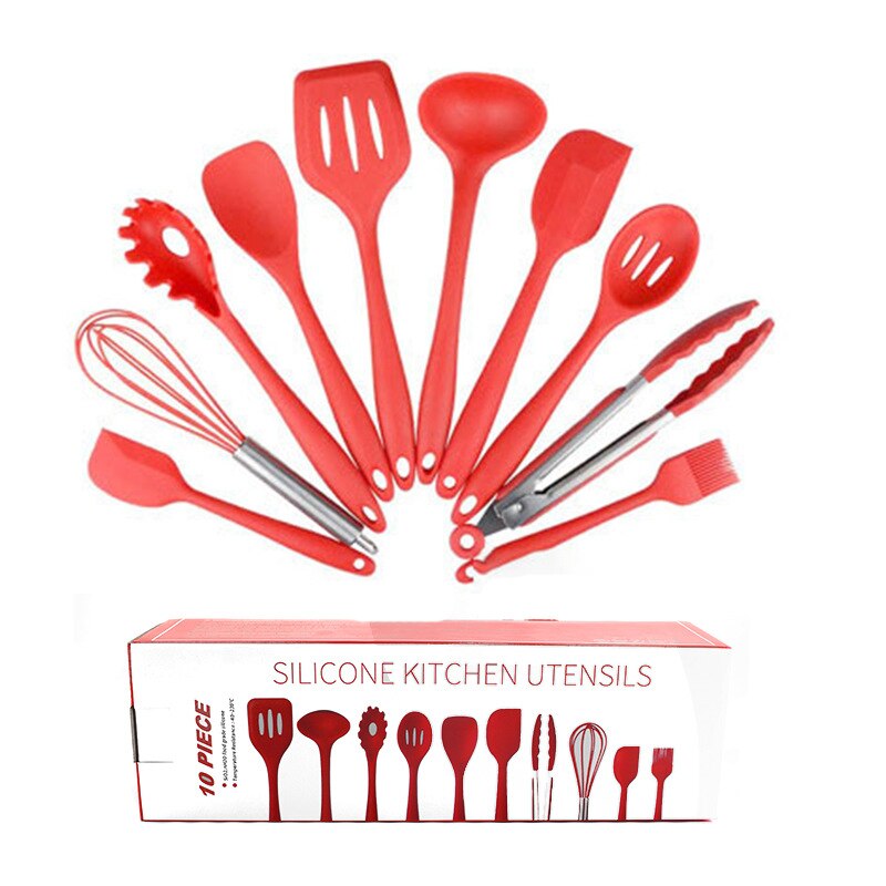 Ustensiles de cuisine antiadhésifs | Ensemble de ustensiles de cuisine en Silicone, ustensiles de cuisine multifonctionnels, cuillère à cuillère accessoires de cuisine 10 pièces: Rouge