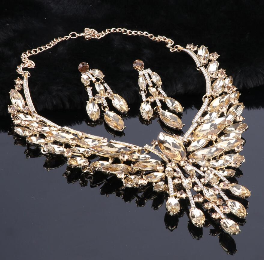 Crystal Bridal Jewelry Sets Wedding Party Costume Accessory Indian Necklace Earrings Set for Bride GorgeousJewellery Sets Women: Rhodium Plated