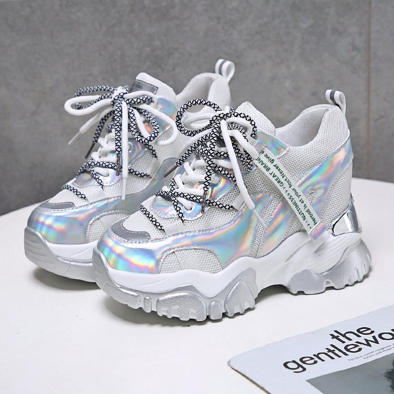 Tuinanle chunky sneakers høy hæl 10 cm kvinner høst tykk bunn plattform joggesko høyde økende kvinne sølv fritidssko: Flis / 7.5
