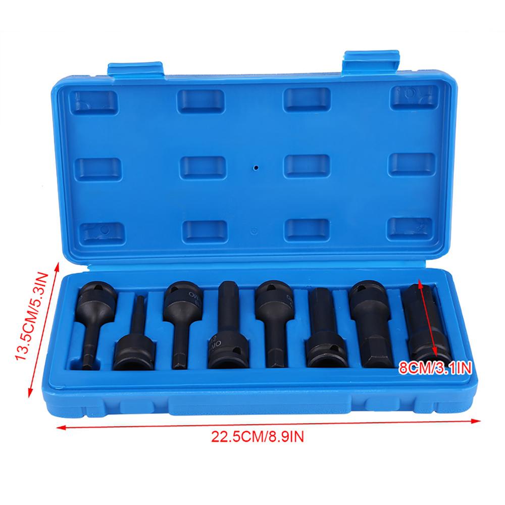 8Pcs 1/2in Drive Pneumatic Air Allen Hex Key Bit Socket Set H5-H19 Square Socket Extension Rod Adapter Quick Change Bit Holder