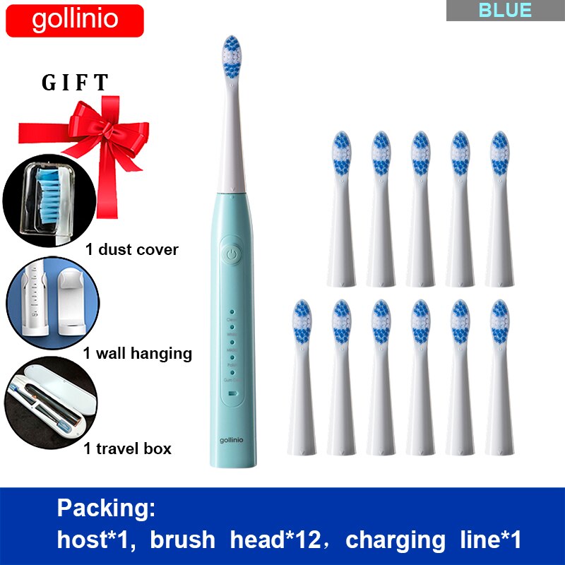 Gollinio-cepillo de dientes eléctrico recargable por Usb, dispositivo dental electrónico de carga rápida GL09A, cabezal de repuesto sónico, resistente al agua, xp7: GL09BLUE12H-HB
