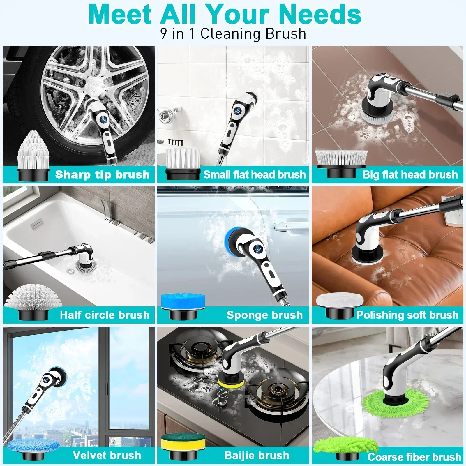 11 in 1 Electric Spin Scrubber Cordless Cleaning Brush with 9 Replaceable Brush Heads for Bathroom Shower Bathtub Glass Car