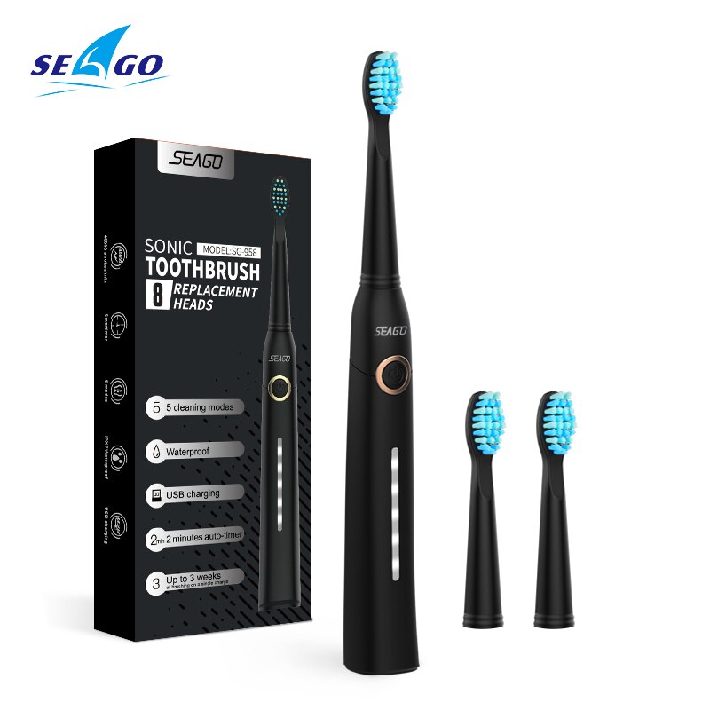 Seago Sonic Electric Toothbrush Tooth brush USB Rechargeable adult Waterproof Ultrasonic automatic 5 Mode with Travel case: black 3 heads