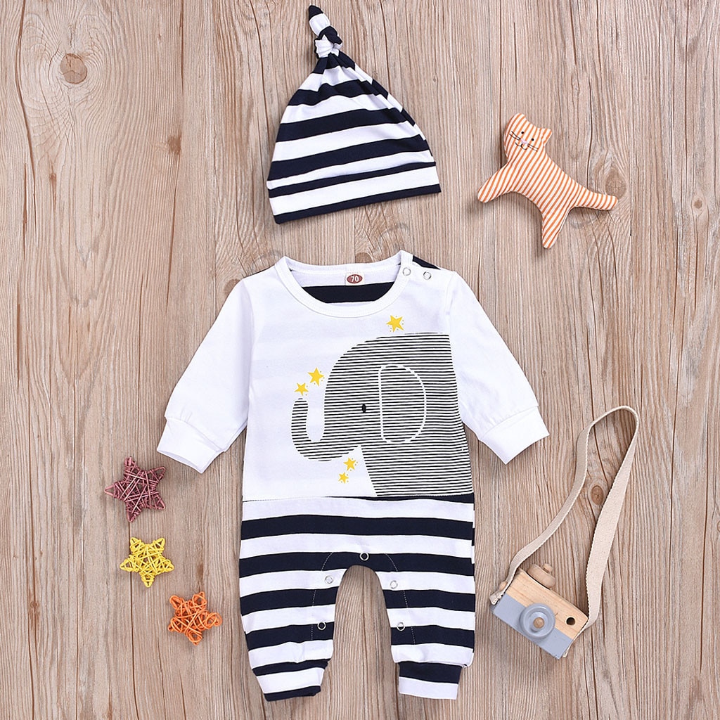 Baby Romper Pasgeboren Baby Gestreepte Patchwork Romper Baby Jongens Meisjes Lange Mouwen Cartoon Olifant Print Jumpsuit + Hoed