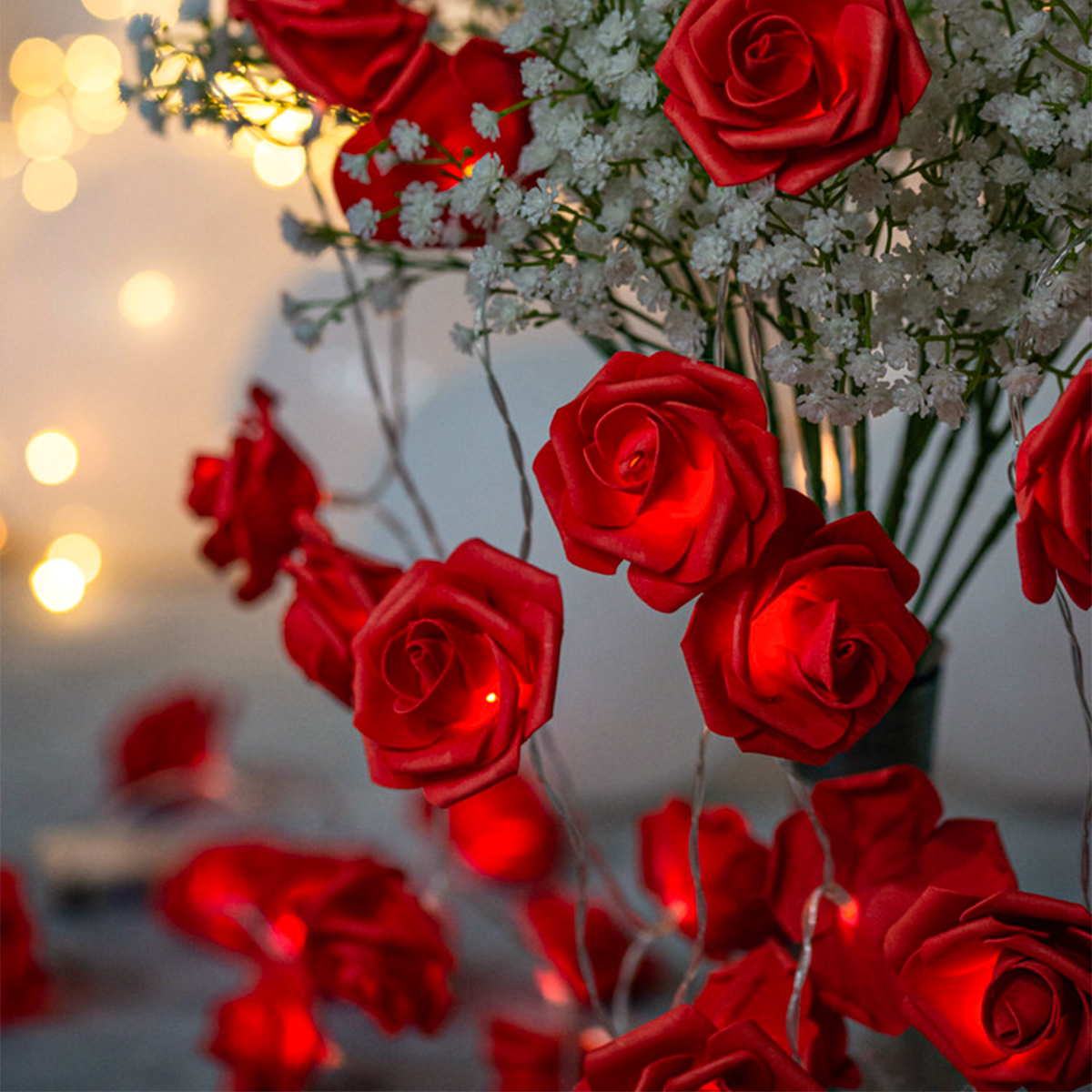 Guirnalda de luces LED con forma de rosa de 2m y 10LED, decoración de boda y cumpleaños, del Día de San Valentín, decoración de árbol de Navidad para el hogar y al aire libre