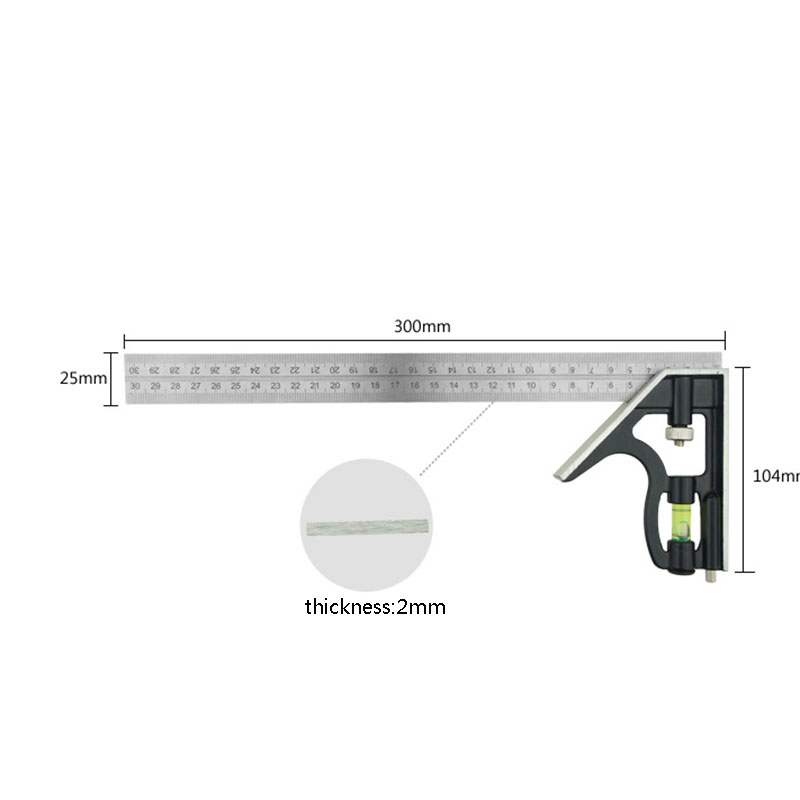 3 Pcs Combination Angle Ruler Measuring Tool Workshop Angle Spirit Level Precise Stainless Steel Combination 12" (300mm)