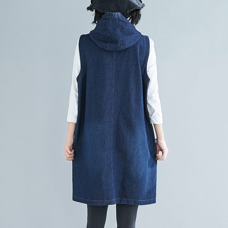 Chaleco vaquero largo sin mangas para mujer, chaqueta vaquera con capucha, Tops de talla grande coreana, r126, Otoño,