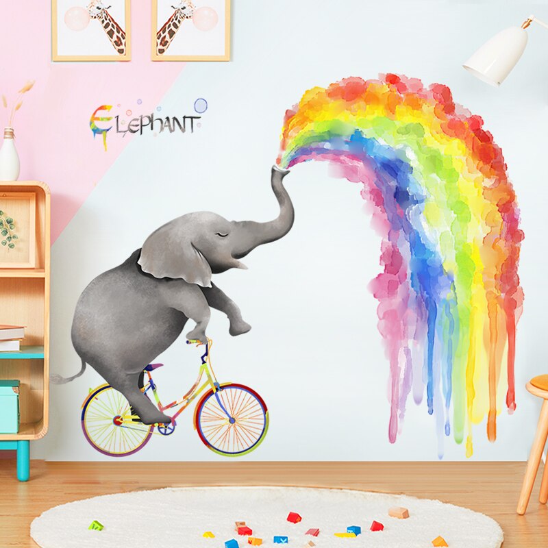 Cartoon Olifant Regenboog Muursticker Grote Dier Kinderkamer Decoratie Poster Kwekerij Muur Stickers Muurschildering Foto Wall Art