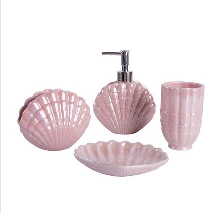Conjunto de accesorios de baño con forma de concha de cerámica, herramientas de lavado, botella, taza de enjuague bucal, soporte para cepillo de dientes, artículos para el hogar pf92020