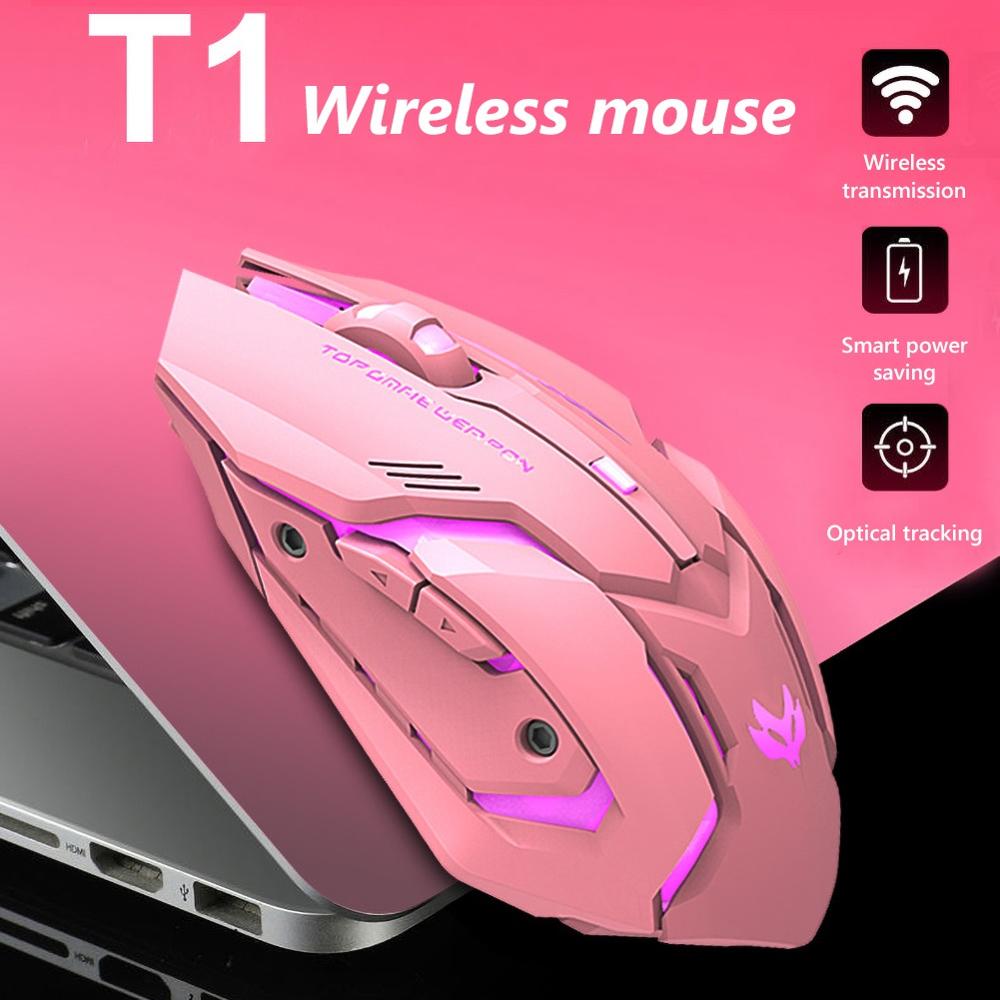 Lyserød sort  t1 ergonomisk 2.4g genopladelig mus til pc-computer lydløs baggrundsbelyst usb optisk trådløs gamingmus