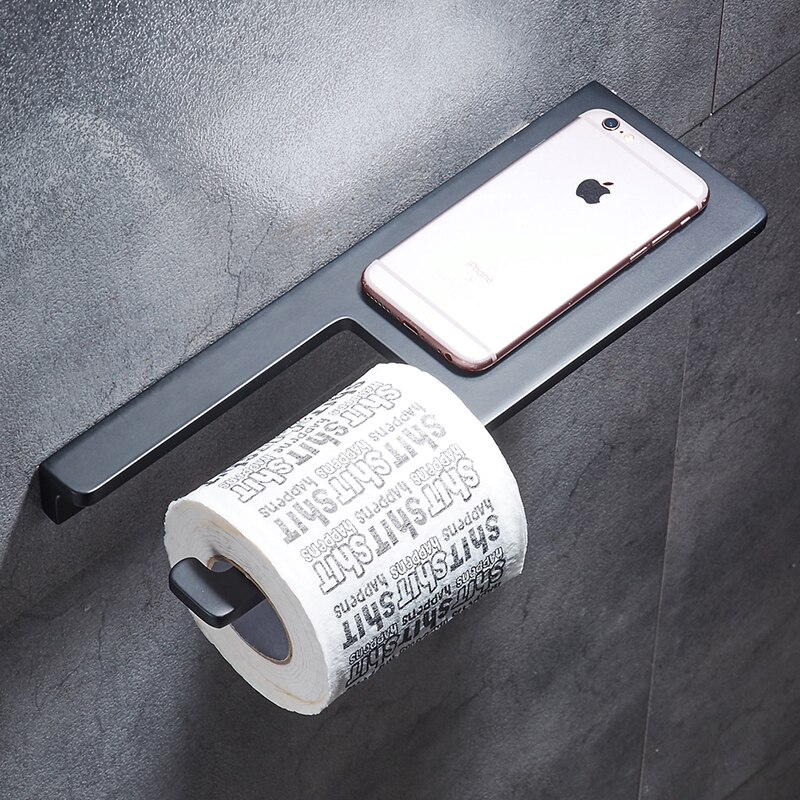 Toiletpapirholder med hylde sort aluminiumrullepapirholder mobiltelefonstativ vægmonteret badeværelse papirhåndklædestativ
