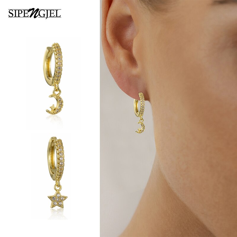 SIPENGJEL-pendientes colgantes de estrella plateada para mujer, aretes delicados de aro con forma de luna y Estrella, joyería para
