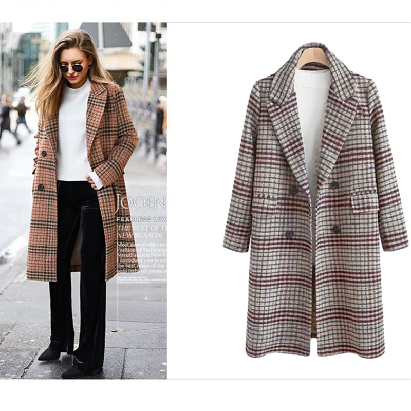 Høst vinter dame ullfrakk løs tartan uformelt Plus størrelse 4xl lange ullfrakker damejakke