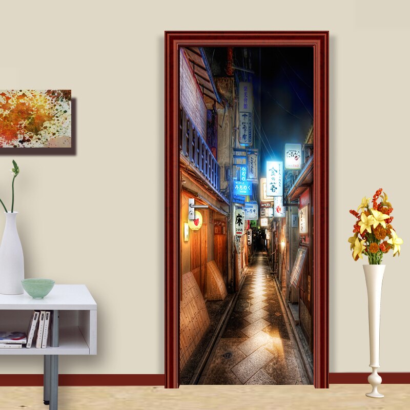 Prosperous World Street Decoration Door Stickers Bedroom Home Decoration Self-Adhesive Two-Piece Signature Night View Waterproof