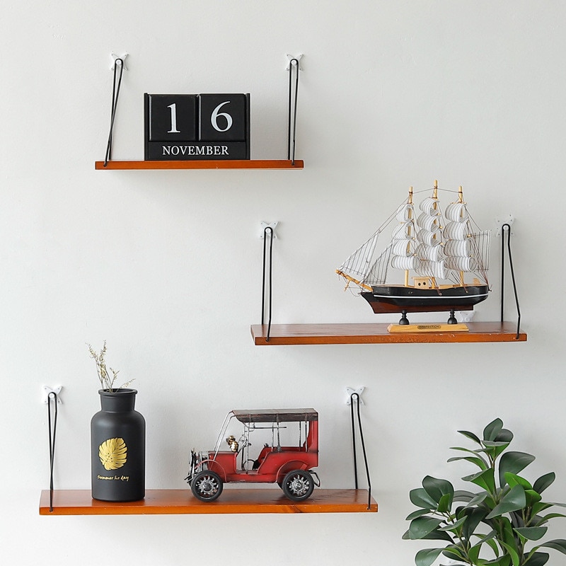 Solid Wooden Wall Shelf Iron Partition Board Wall Hanging Storage Shelf Rack Home & Living Room Decor Wall Mounted Shelf