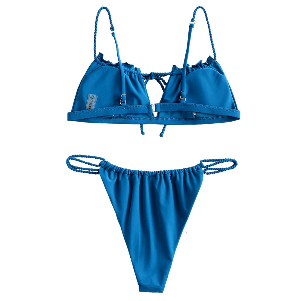 ZAFUL-Conjunto de Bikini con lazo trenzado para mujer, conjunto de Bikini femenino de tela brillante, trajes de baño sólidos azules, ropa de playa de verano,
