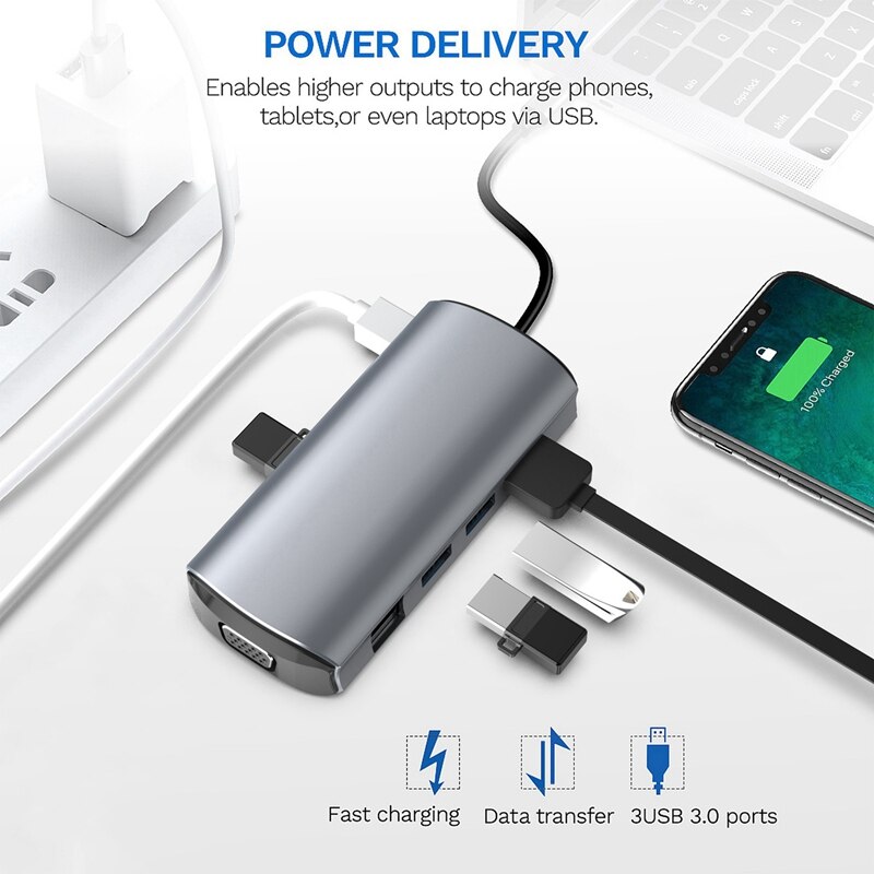 Docking Station HUB 11 In 1 con USB 3.0 PD SD TF HDMI RJ45 o porte VGA per telefono portatile e USB C