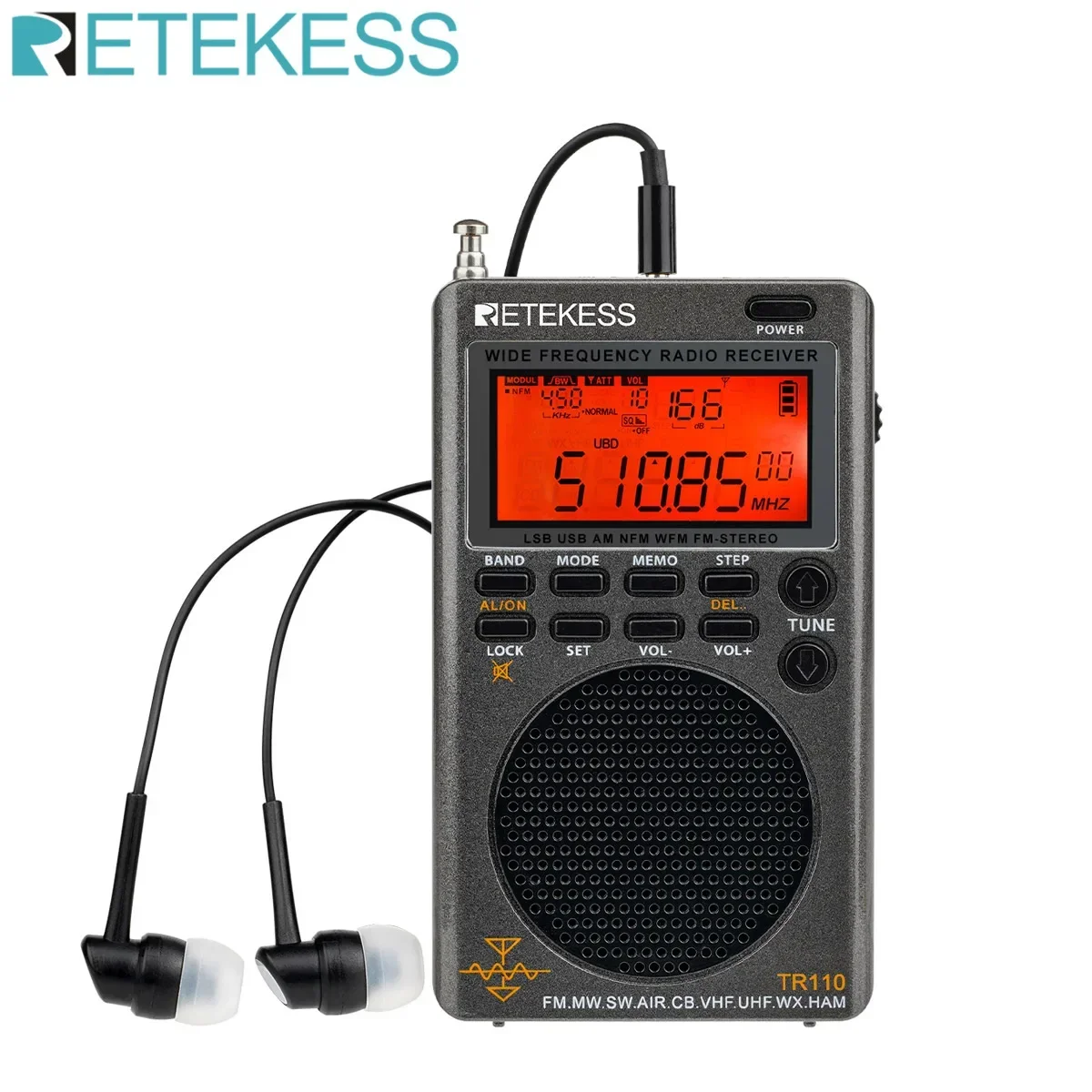 Top! Retekess TR110 Radio FM Receiver Portable Shortwave Radios AM FM All Waves Band CB AIR Band Ham Radio SW MW LSB VHF UHF